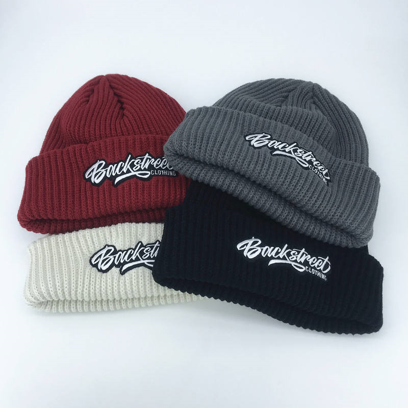 Custom Winter Cuffed Knitted Hats Embroidery Beanies Solid C